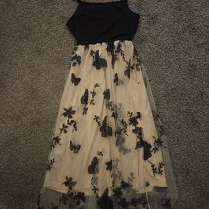 Black Bodice Cream Tulle Skirt Dress with Black Butterfly Embroidery